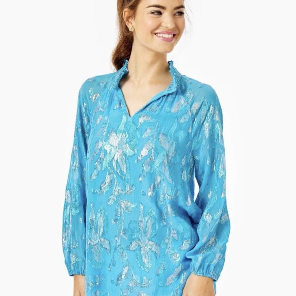 Lilly Pulitzer Turquoise Blue Metallic Floral Tunic